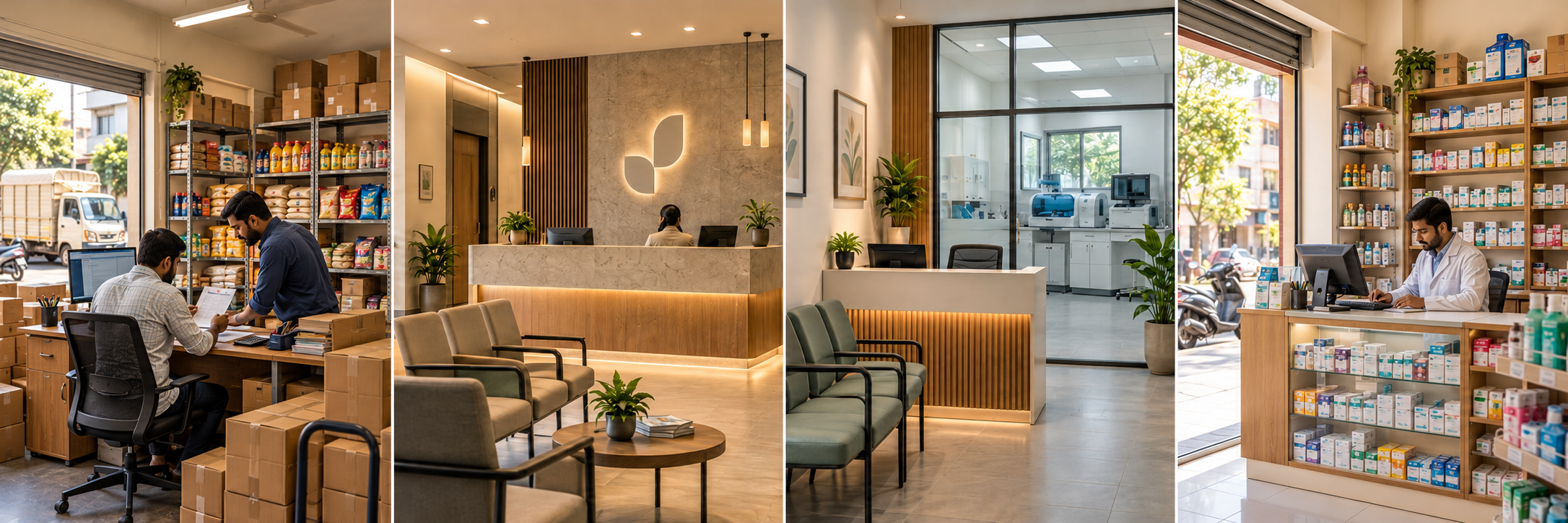 Illustrative Indian business settings: wholesale, hospital administration, clinic reception and pharmacy